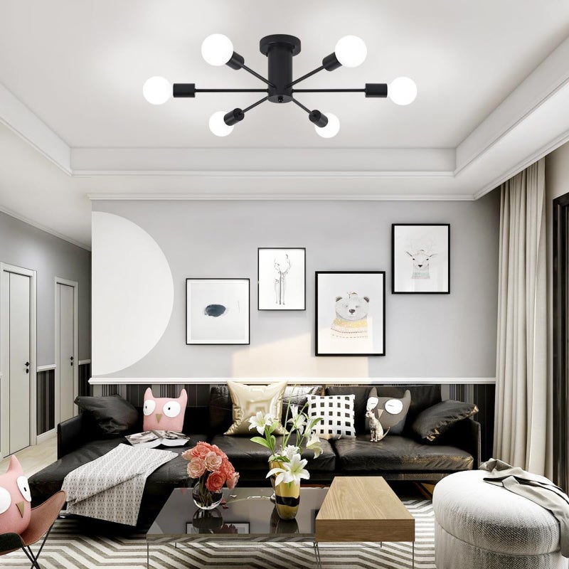 مصباح سقفي منخفض التثبيت نصفًا: شناديلة عتيقة سوداء بقطر 24.21 بوصة - تصميم هندسي متعدد الاتجاهات متوافق مع 6 مصابيح E26 للغرفة المعيشة وغرفة الطعام وغرفة النوم والمكتب والمقهى والبار والممرات - Image 3