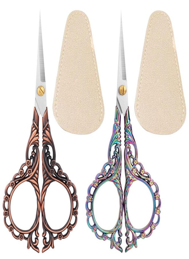 Jasni Pretty Embroidery Scissors 5 Inch Small Sewing Crafting Stainless Steel Vintage peach blossom handle for DIY tools Craft Tailor Threading Shears 2 Packs with cover (Red bronze and Color) - Image 1