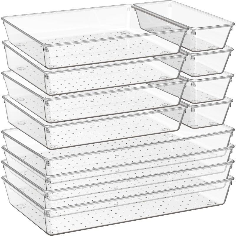 Criusia 12 Pack Large Clear Plastic Drawer Organizer Trays | MULTI-USE Acrylic Drawer Storage for Kitchen, Bathroom, Makeup, Office, School, Undies | College Dorm Room, Home Apartment Essentials - Image 1