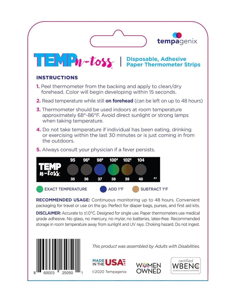 TEMPN-TOSS شرائط مقياس حرارة الجبين القابلة للتخلص منها للقراءة السريعة - تمب-إن-توس لقياس درجة حرارة الأطفال بدقة ونظافة - سهل الاستخدام ومؤشر حمى موثوق للاستخدام مرة واحدة (6) - Image 2