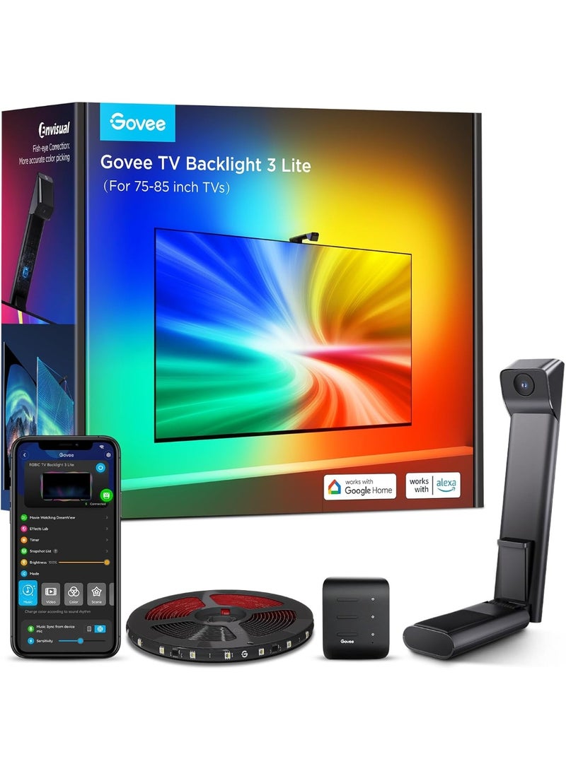 Govee TV Backlight 3 Lite with Fish-Eye Correction Function Sync to 75-85 Inch TVs, 16.4ft RGBICW Wi-Fi LED Strip Lights with Camera, 4 Colors in 1 Lamp Bead, Voice and APP Control, Adapter