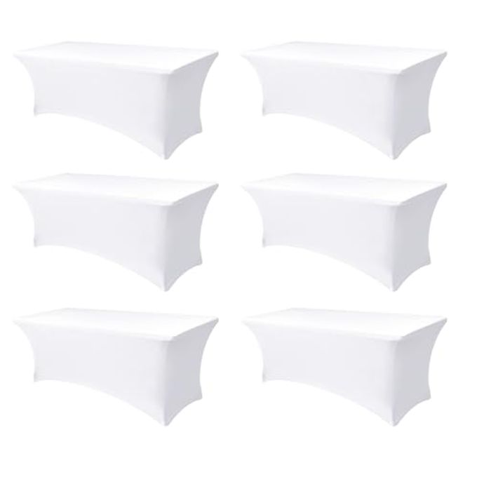 Enjoyidea Table Cover for 6 foot Rectangle Tables-6 Pack White Fitted Stretch Tablecloth-Elastic Spandex 6ft Folding Tablecloths for Party, Vendor Booth Display, Banquet Buffet Event, Craft Trade Show