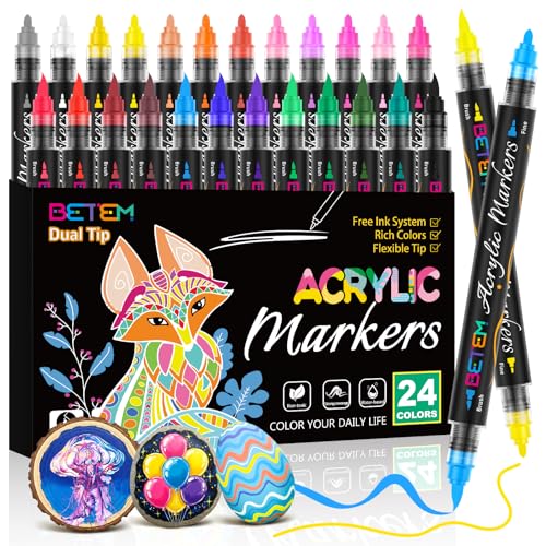 Betem Acrylic Paint Markers Dual Tip 24 Colors High Capacity Automatic Ink Control Acrylic Markers Fine Flexible Brush Tip Paint Pens Art Markers for Rocks Wood Plastic Fabric DIY Craft - Image 1