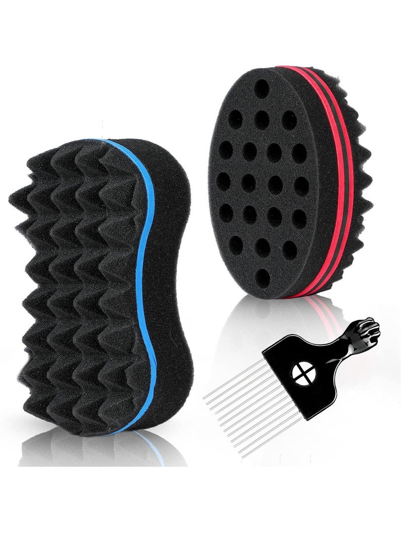 3Pcs Hair Sponge Set, Curl Brush Sponge for Hair Men Women, Twist Sponge for Afro Curls with Metal Afro Pick