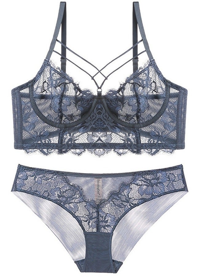 Comfy And Breathable Ultra Thin Cup Unpadded Lace Bra Panty Set Dusty Blue