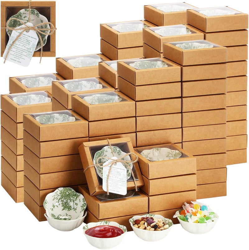 Teenyyou Wedding Favors for Guests Small Ceramic Bowls Bulk Gifts Set 33 Inch Green Verdure Design Mini Dipping Bowl Sauce Dish with Cards Box for Party Shower Favor Souvenir80 Pack  - Image 1