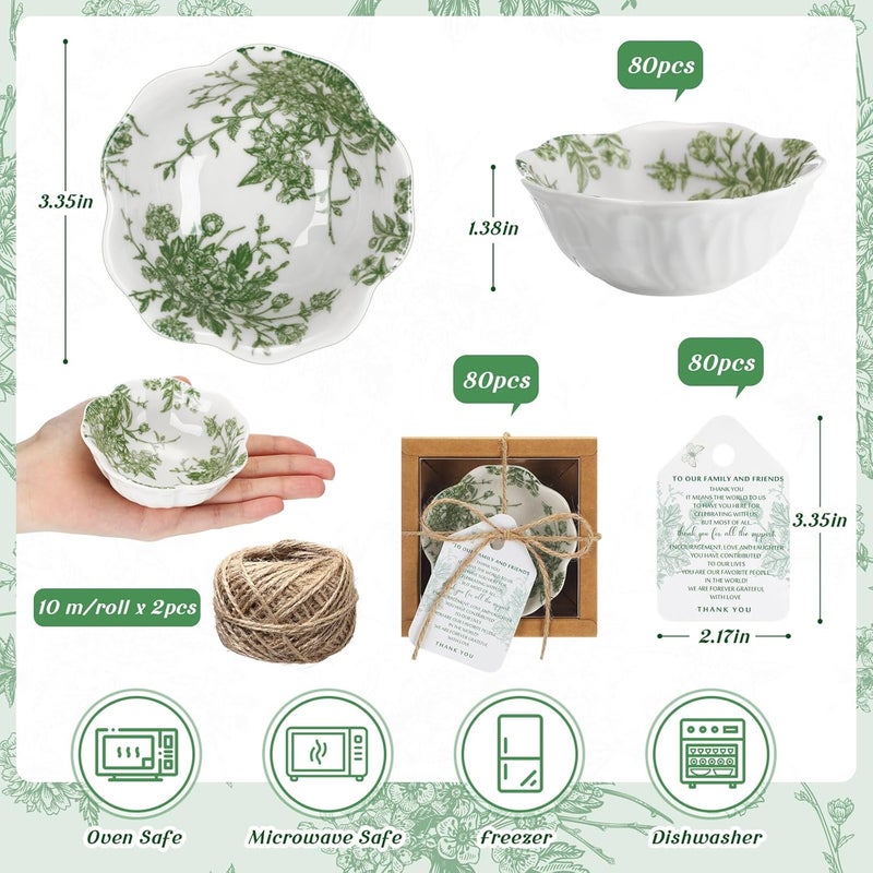 Teenyyou Wedding Favors for Guests Small Ceramic Bowls Bulk Gifts Set 33 Inch Green Verdure Design Mini Dipping Bowl Sauce Dish with Cards Box for Party Shower Favor Souvenir80 Pack  - Image 2