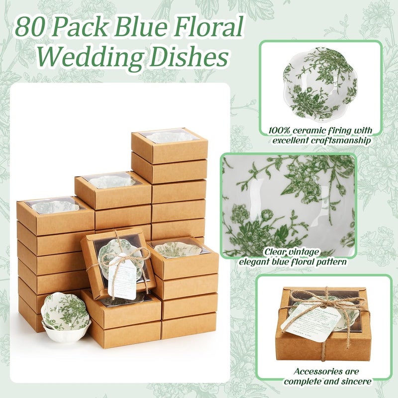 Teenyyou Wedding Favors for Guests Small Ceramic Bowls Bulk Gifts Set 33 Inch Green Verdure Design Mini Dipping Bowl Sauce Dish with Cards Box for Party Shower Favor Souvenir80 Pack  - Image 3