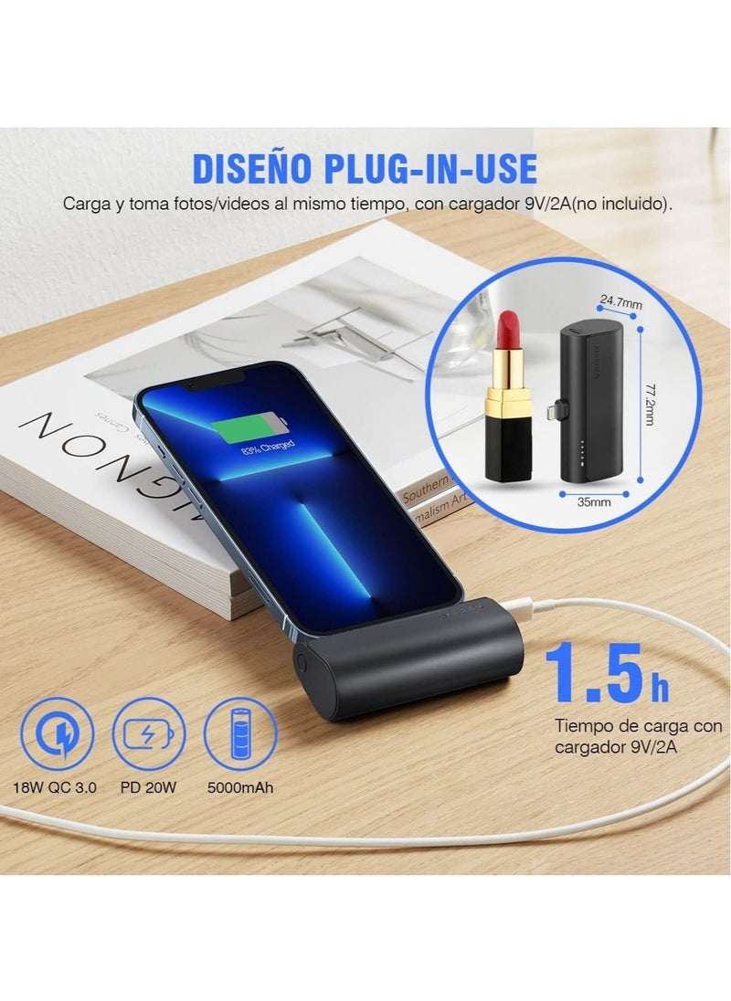 Mini Portable Powerbank 5000mAh Fast Charging 20W PD, QC 3.0 External Battery Built-in Plug-in-Use Portable Charger Compatible for iPhone 13/12/11/XR/X/8/7/6
