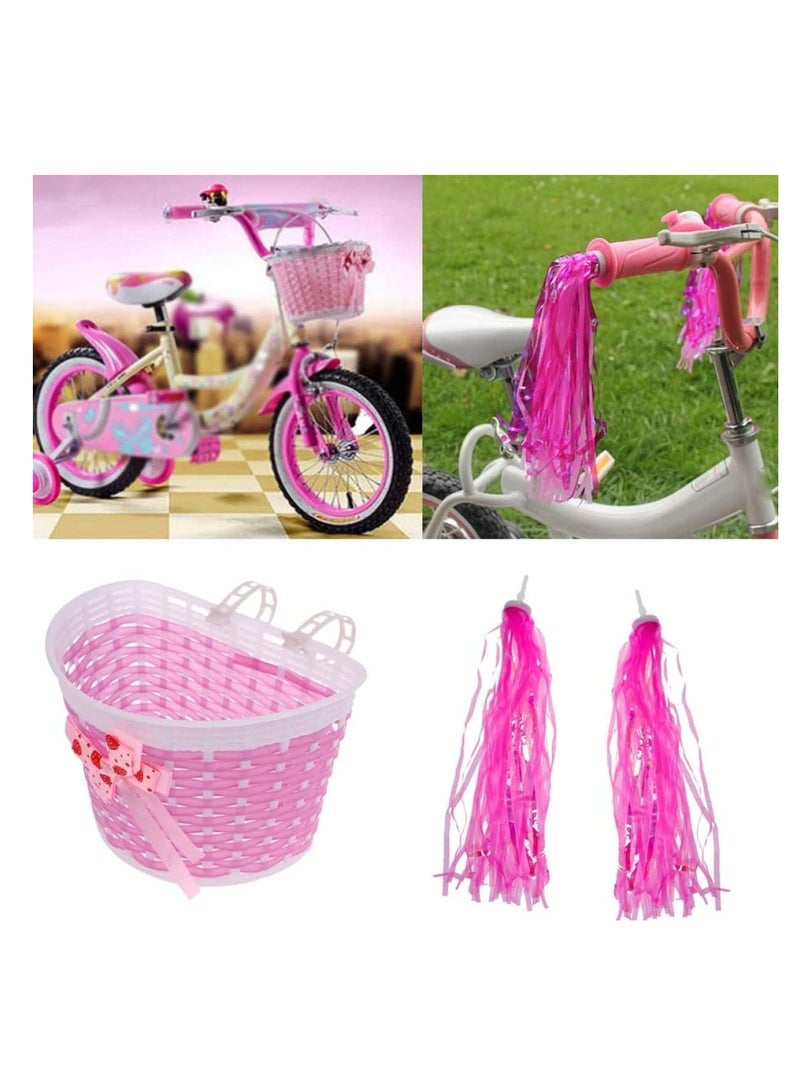 Kid's Bicycle Basket Streamers Set, Girl Bike Basket, Bike Handlebar Wicker Basket Bike Streamers Bell and Stickers,Bike Basket Front Decoration for Girls Pink