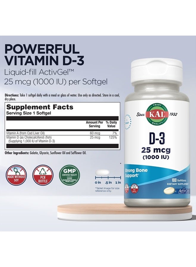 KAL Vitamin D3 1000 IU Softgels (25 mcg), Active Form of Vitamin D, Calcium Absorption, Bone Health, Immune Support Supplement, Liquid Filled ActivGel, Made Without Soy, 100 Servings, 100 Softgels - Image 3