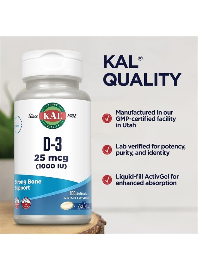 KAL Vitamin D3 1000 IU Softgels (25 mcg), Active Form of Vitamin D, Calcium Absorption, Bone Health, Immune Support Supplement, Liquid Filled ActivGel, Made Without Soy, 100 Servings, 100 Softgels - Image 5