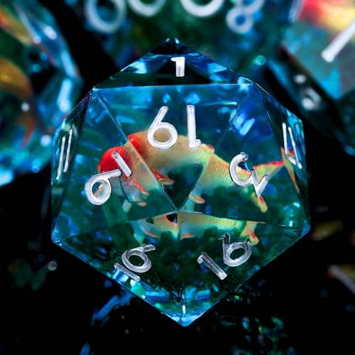 Froggod Moss and Koi Fish DND Dice Set 7Pcs Sharp Edge Resin Polyhedral Game Dice for DD RPG Includes D20 D12 D10 D8 D6 D4 Moss Agate Fish DesignBlue - Image 5