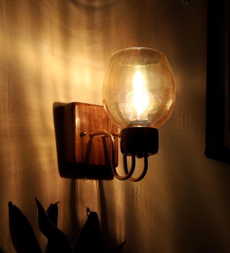 Green House Fully Handmade Sheesham Wood Wall Light/Wall Lamp | Luster Glass | E27 Bulb Holder(Bulb not Included) | Gold Plated Accents | for Bedroom, Living Room, Study Room, Dining Room, Hallway - Image 5