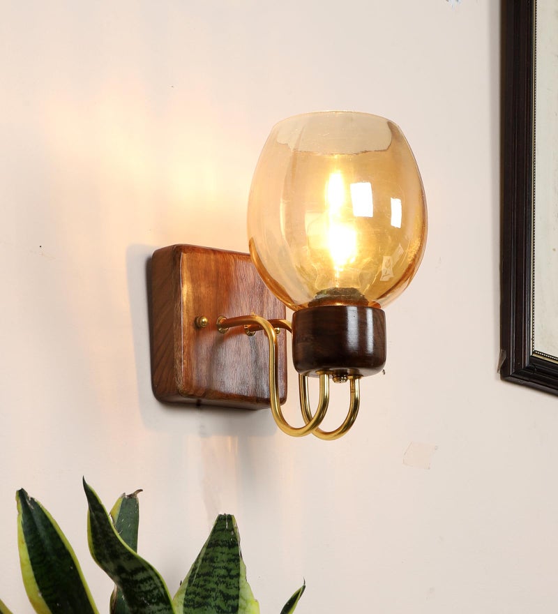 Green House Fully Handmade Sheesham Wood Wall Light/Wall Lamp | Luster Glass | E27 Bulb Holder(Bulb not Included) | Gold Plated Accents | for Bedroom, Living Room, Study Room, Dining Room, Hallway - Image 1