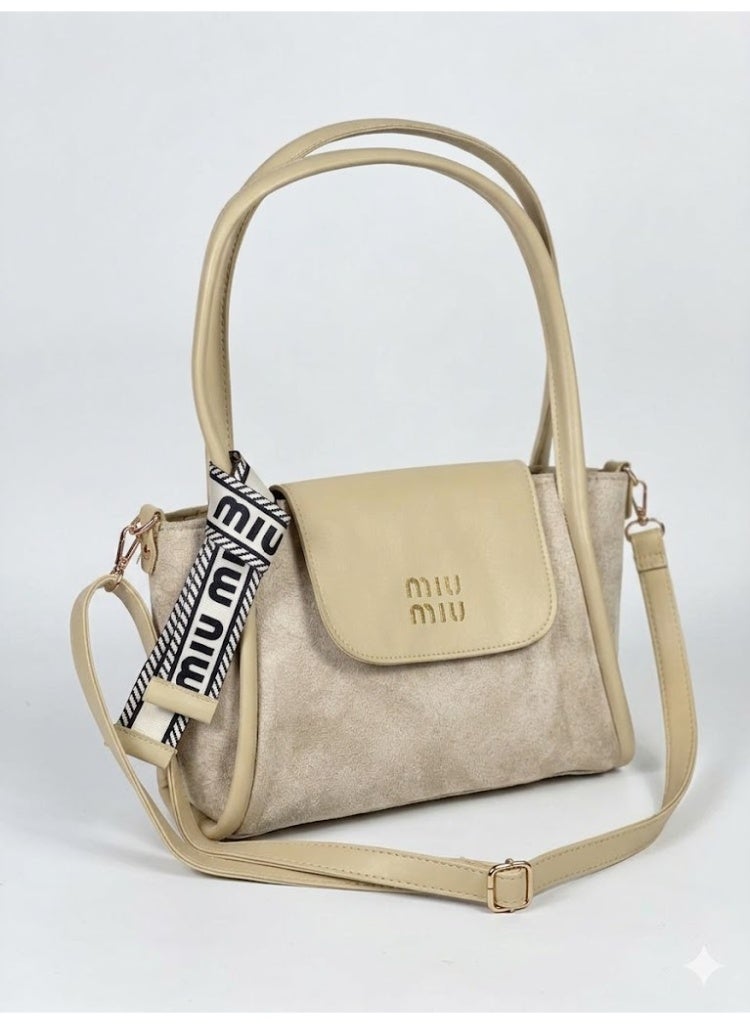 Miu Miu Duo-Texture Suede and Leather Top-Handle Bag – Champagne Beige