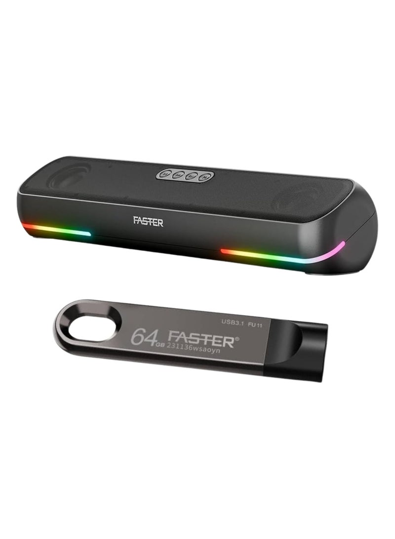 Faster RYZO Z16 Wireless Bluetooth Soundbar + 64GB USB 3.1 Flash Drive Bundle – Portable Stereo Speaker with Deep Bass, FM Radio, TWS, AUX, USB, TF Card, and High-Speed Pendrive - Image 1