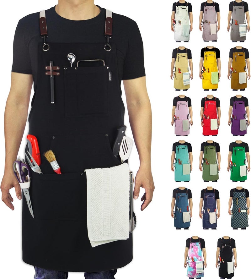 Stenffy Store Kitchen Apron, Work Apron, Canvas, Multiple Pockets, Gardening, Painting, BBQ, Artist, Carpenter, Sizes M to XXL, Black - Image 1