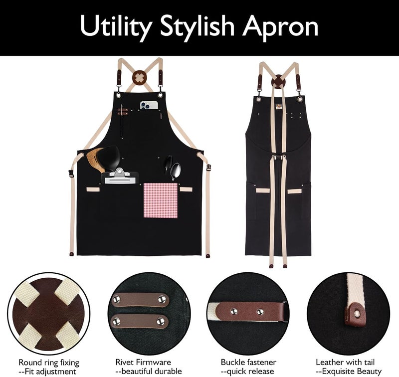 Stenffy Store Kitchen Apron, Work Apron, Canvas, Multiple Pockets, Gardening, Painting, BBQ, Artist, Carpenter, Sizes M to XXL, Black - Image 3