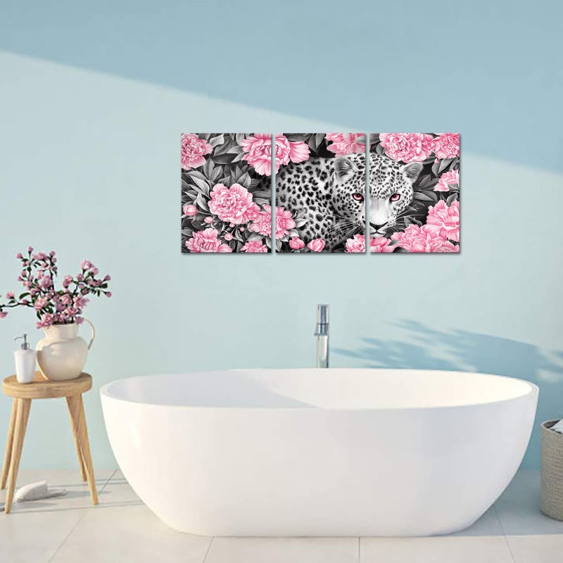 Visual Art Decor Picture for Bedroom Wall Decoration Black and White Leopard in Pink Poenies Blossom Flowers Painting Giclee Canvas Prints Artwork for Modern Bathroom Living Room Office Contemporary - Image 4