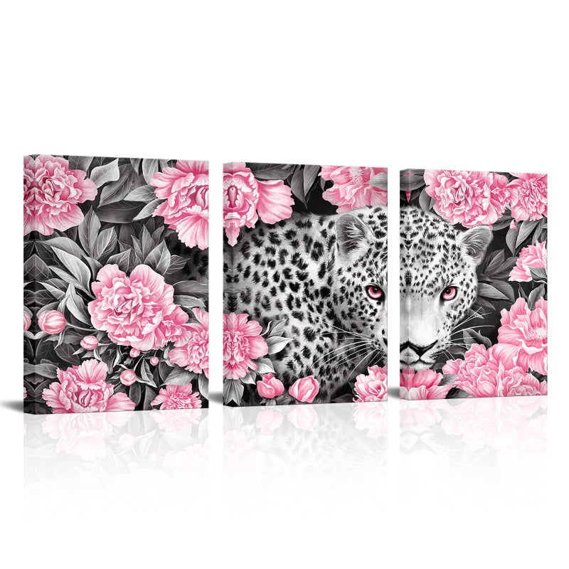 Visual Art Decor Picture for Bedroom Wall Decoration Black and White Leopard in Pink Poenies Blossom Flowers Painting Giclee Canvas Prints Artwork for Modern Bathroom Living Room Office Contemporary - Image 1