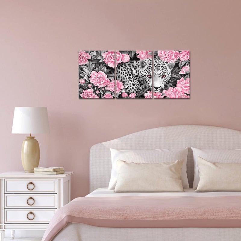Visual Art Decor Picture for Bedroom Wall Decoration Black and White Leopard in Pink Poenies Blossom Flowers Painting Giclee Canvas Prints Artwork for Modern Bathroom Living Room Office Contemporary - Image 3