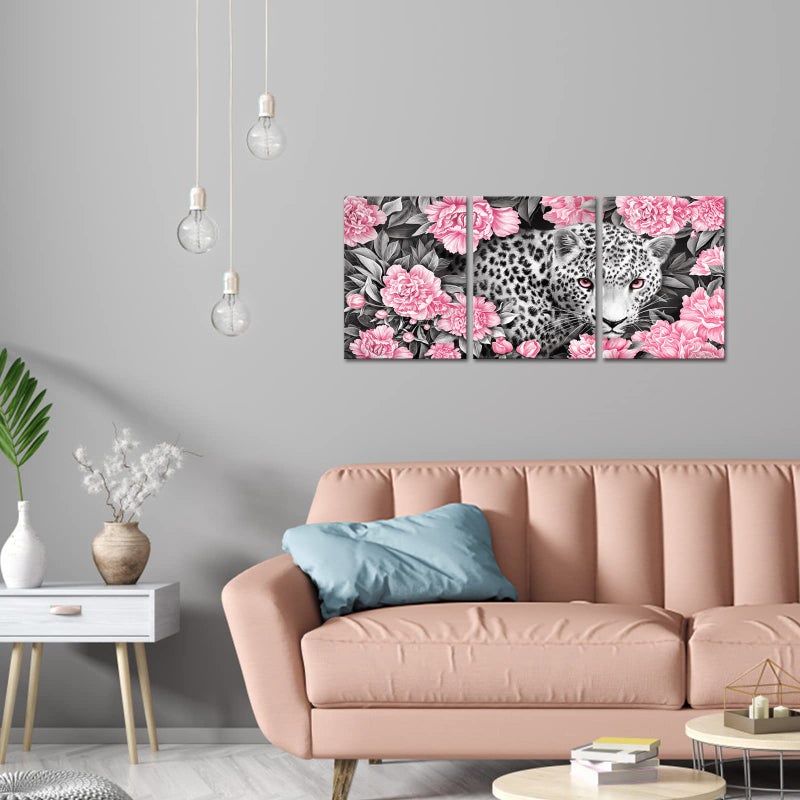 Visual Art Decor Picture for Bedroom Wall Decoration Black and White Leopard in Pink Poenies Blossom Flowers Painting Giclee Canvas Prints Artwork for Modern Bathroom Living Room Office Contemporary - Image 2