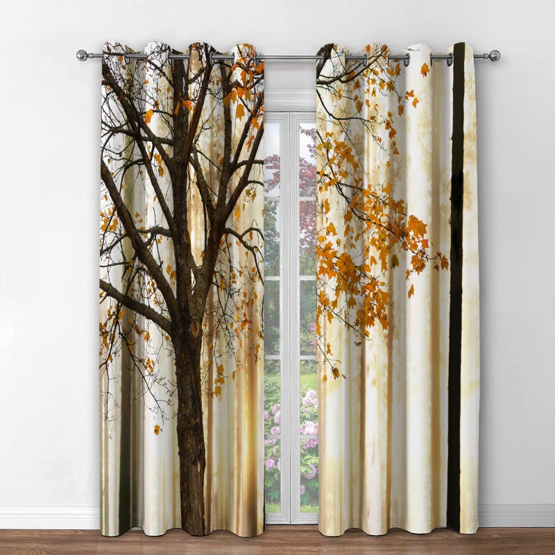 Jekeno Fall Tree Blackout Curtains Autumn Maple Tree Yellow Orange Leaves Brown Branch Wooden Nature Tree Decor Bedroom Living Room Grommet Window Drapes 2 Panel Set  42""x54"" - Image 2