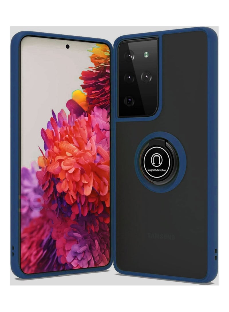 Kickstand Case for Samsung Galaxy S21 Ultra 6.8 Matte Clear Case with 360 Degree Rotation Ring Holder, Full Body Shockproof Magnetic Car Holder Protective Cover for Samsung S21 Ultra - Blue