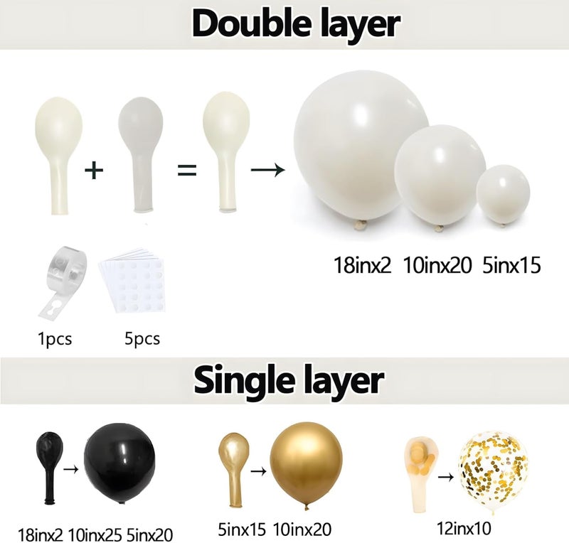 PUFFLD Black Gold White Balloons Arch Kit - 129 pcs Double Stuffed Pearl Sand White Black Chrome Gold with Confetti Balloon Garland for Birthday Graduation Father's Day New Year's Party Decoration - Image 2
