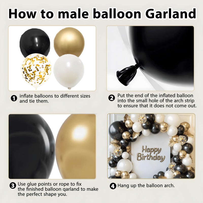 PUFFLD Black Gold White Balloons Arch Kit - 129 pcs Double Stuffed Pearl Sand White Black Chrome Gold with Confetti Balloon Garland for Birthday Graduation Father's Day New Year's Party Decoration - Image 4