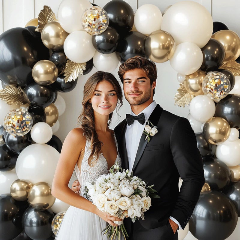 PUFFLD Black Gold White Balloons Arch Kit - 129 pcs Double Stuffed Pearl Sand White Black Chrome Gold with Confetti Balloon Garland for Birthday Graduation Father's Day New Year's Party Decoration - Image 5