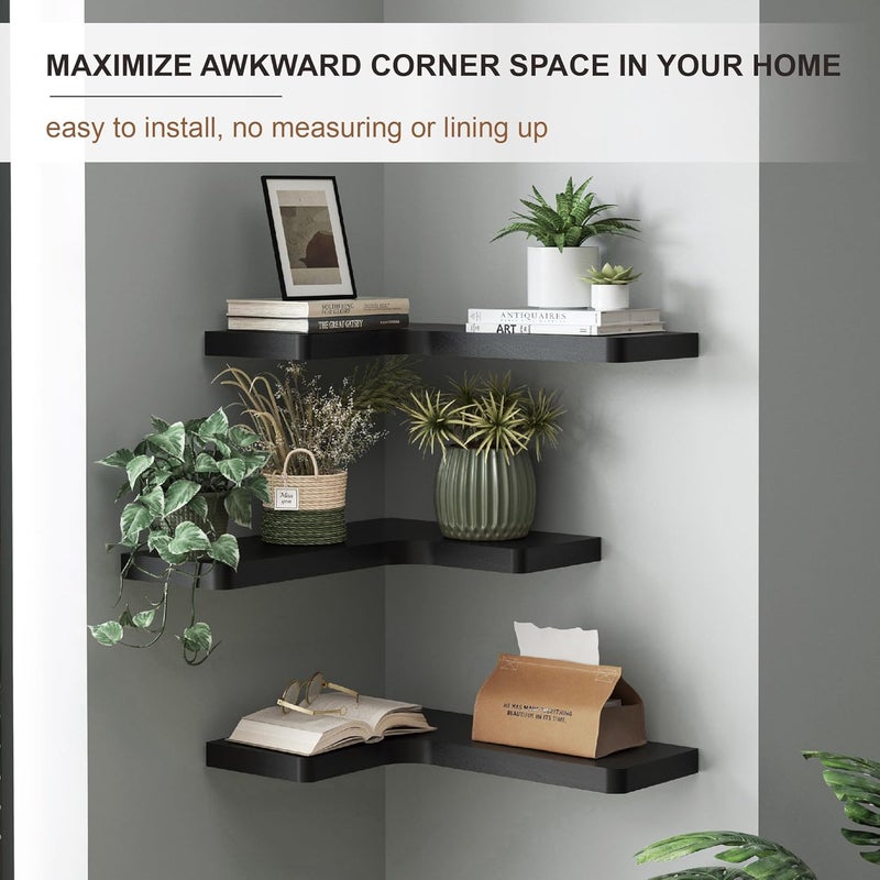 fuqing Corner Floating Shelves for Storage, Set of 3, Solid Wood, Wall Mount Wooden Display Shelf for Bathroom Bedroom Kitchen Garage, Black - Image 5