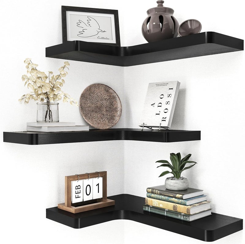 fuqing Corner Floating Shelves for Storage, Set of 3, Solid Wood, Wall Mount Wooden Display Shelf for Bathroom Bedroom Kitchen Garage, Black - Image 1