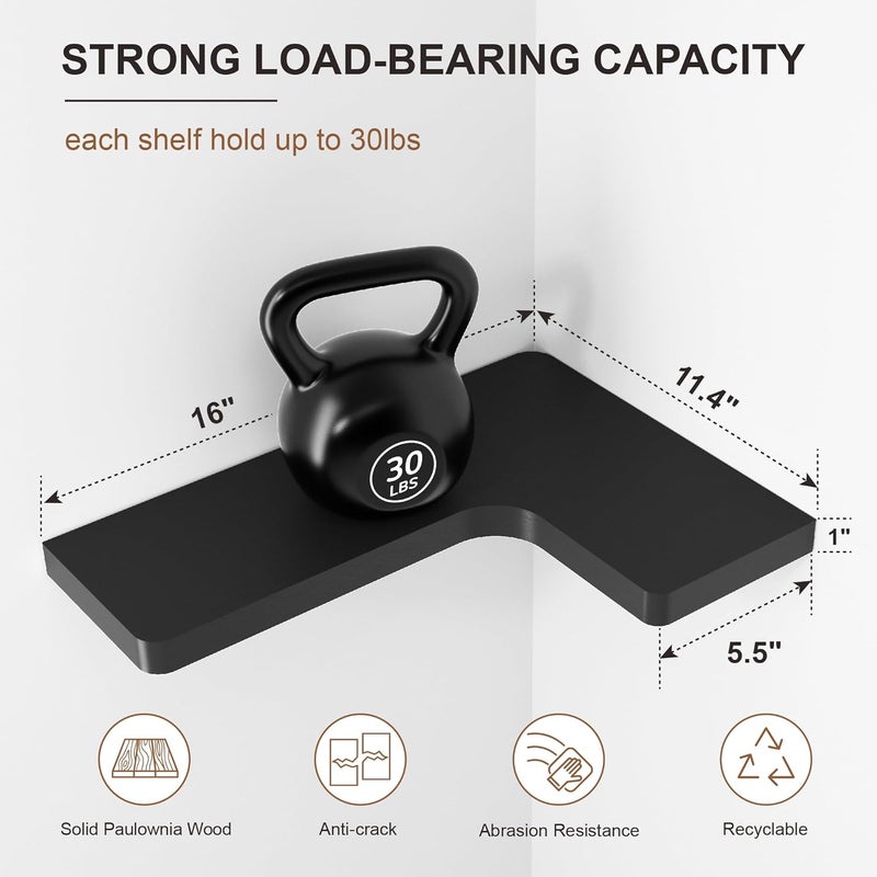 fuqing Corner Floating Shelves for Storage, Set of 3, Solid Wood, Wall Mount Wooden Display Shelf for Bathroom Bedroom Kitchen Garage, Black - Image 2