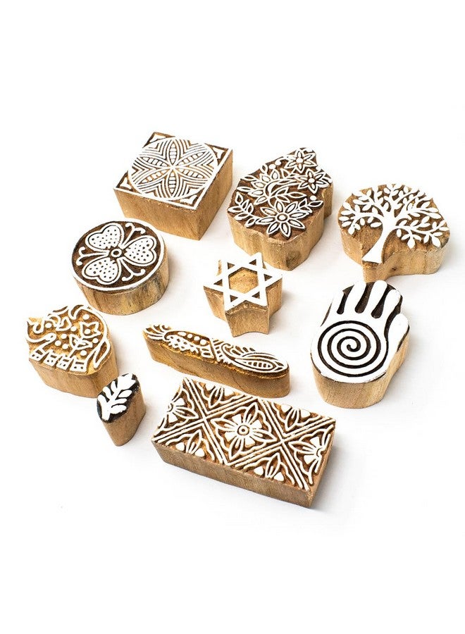 Hashcart Wooden Stamp Block, Printing Stamp Design Set | Block for Printing Saree Border | Dresses, Craft Card Making, Scrapbook, Clay Pottery | Set of 10 - Image 1
