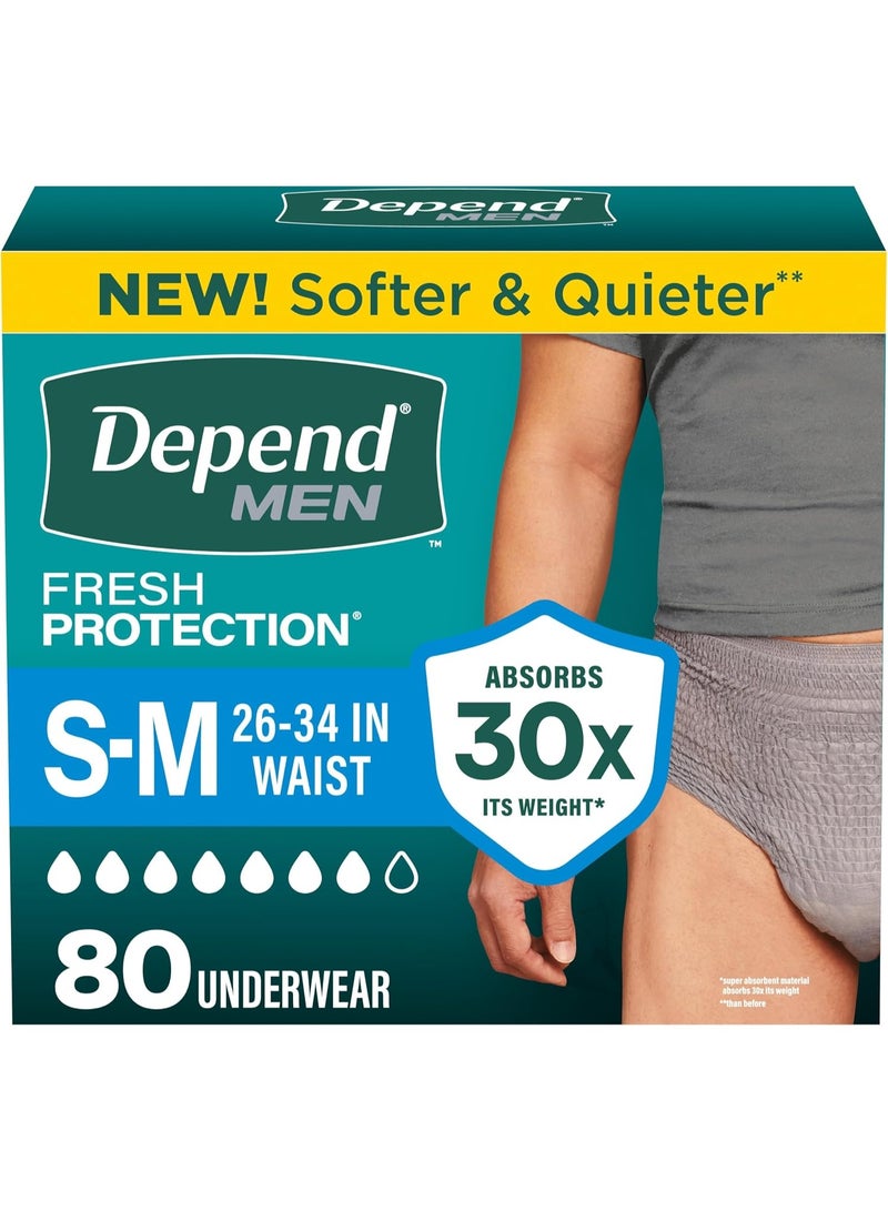 Depend Fresh Protection Adult Incontinence Underwear for Men (Formerly Depend Fit-Flex), Disposable, Maximum, Small/Medium, Grey, 80 Count, Packaging May Vary