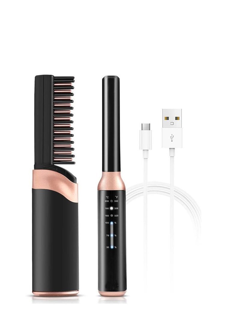 Captaintech Hair Straightener Cordless Hot Brush for Hair Styling for Beard Rechargeable Heated Hair Straightener Brush Black - Image 1
