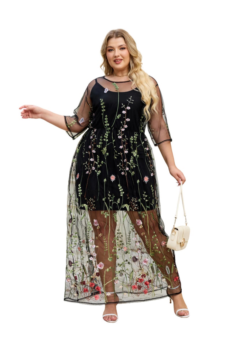 BaronHong Women's Floral Embroidered Tulle Prom Maxi Dress with Cami Dress 3/4 Sleeves(Black,M) - Image 1