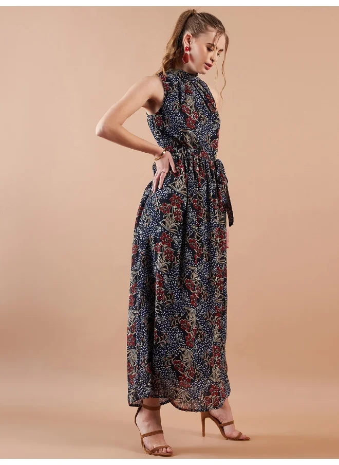 Freehand Women Casual Fit And Flare Floral Pleated Round Neck Maxi Dress