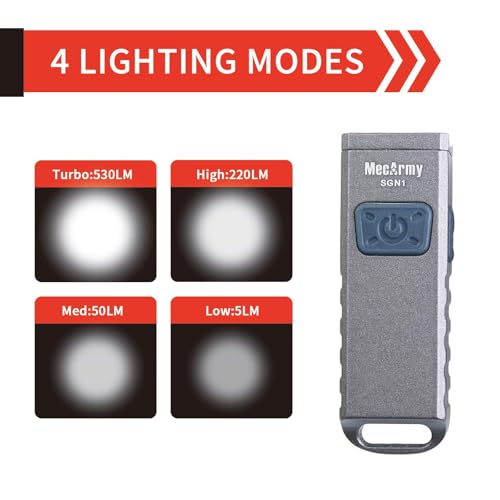 MecArmy SGN1 Mini USB Rechargeable Keychain EDC Flahlight, XP-G2 S5 LED with 530 Lumens, Four Lighting Modes Plus One Strobe Zinc Alloy EDC Keychain Light for Everyday Carry (Gray) - Image 3