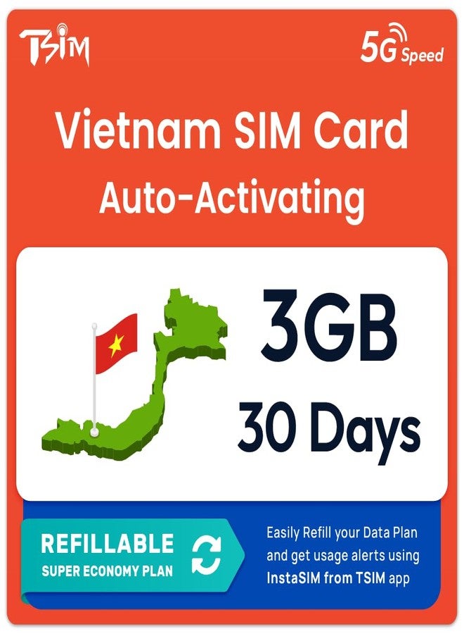 TSIM Vietnam SIM Card | 3GB Super Economy Refill Plan! Automatic Activation with 30 Days Validity | 5G/4G Speed | Hotspot Allowed | Data Only, No Phone Number - Image 1