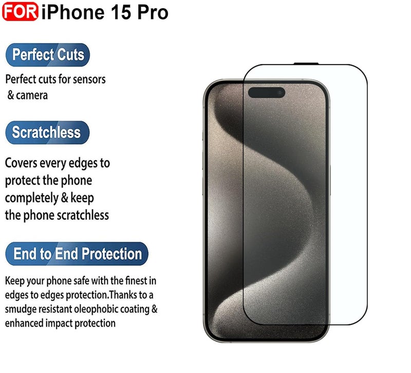 Cedo Tempered Glass for iPhone 15 Pro | Screen Protector Full HD Quality Tempered Glass Anti-Scratch Edge to Edge Coverage with Easy Installation Kit (Black) - Image 2