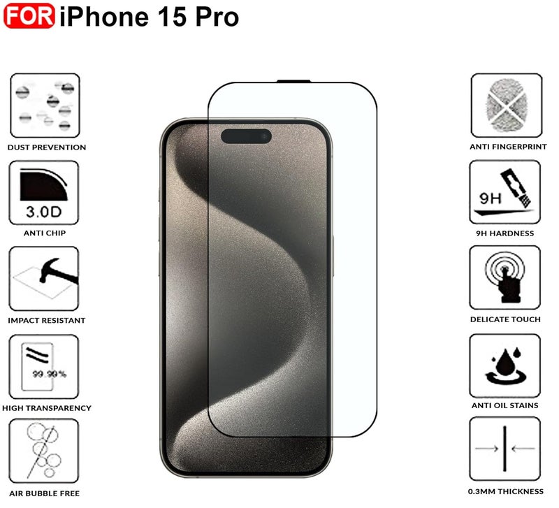 Cedo Tempered Glass for iPhone 15 Pro | Screen Protector Full HD Quality Tempered Glass Anti-Scratch Edge to Edge Coverage with Easy Installation Kit (Black) - Image 3