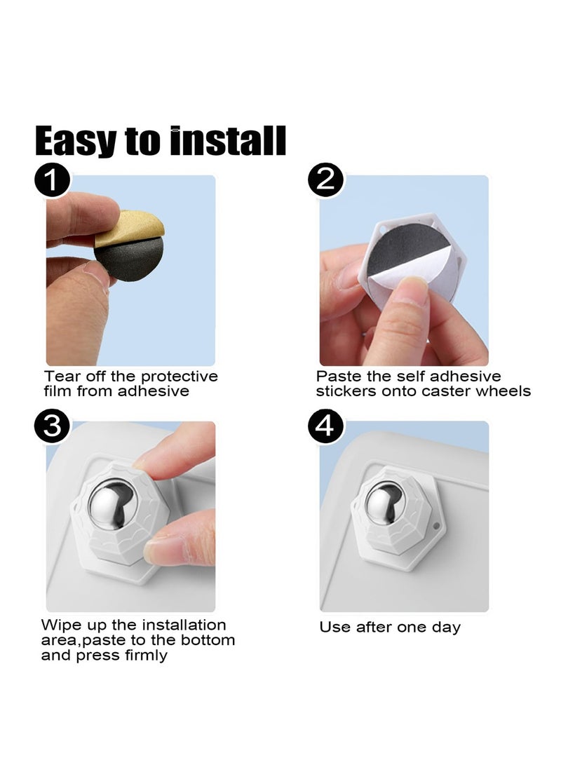 360° Rotating Mini Caster Wheels, Self-Adhesive Stainless Steel Rollers for Furniture, Trash Cans and Storage Bins, 16 PCS, White - Image 5