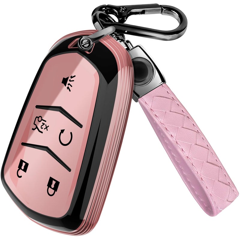 Lucrum Compatible with Cadillac Escalade Key Fob Cover & Leather Keychain, Keyfob Case for ATS CTS DTS SRX STS XTS CT6 XT4 XT5 XT6 - (2015-2023) - Pink and Black - Image 1