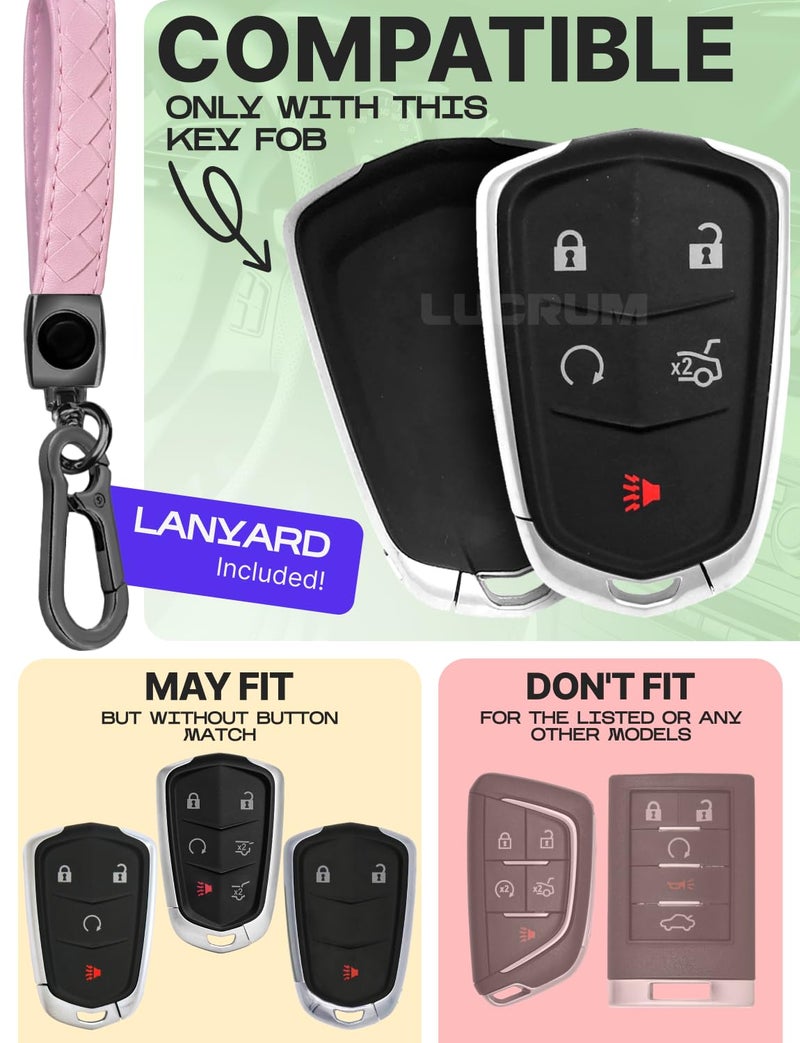 Lucrum Compatible with Cadillac Escalade Key Fob Cover & Leather Keychain, Keyfob Case for ATS CTS DTS SRX STS XTS CT6 XT4 XT5 XT6 - (2015-2023) - Pink and Black - Image 2