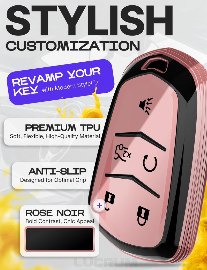 Lucrum Compatible with Cadillac Escalade Key Fob Cover & Leather Keychain, Keyfob Case for ATS CTS DTS SRX STS XTS CT6 XT4 XT5 XT6 - (2015-2023) - Pink and Black - Image 3