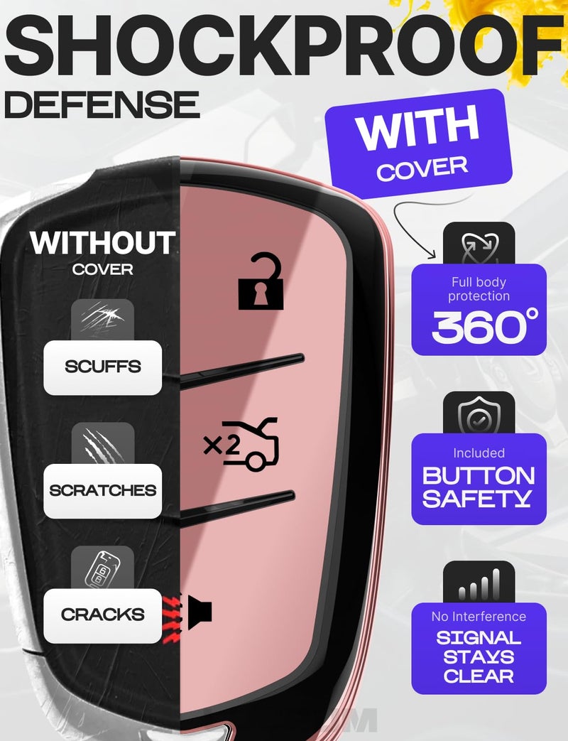 Lucrum Compatible with Cadillac Escalade Key Fob Cover & Leather Keychain, Keyfob Case for ATS CTS DTS SRX STS XTS CT6 XT4 XT5 XT6 - (2015-2023) - Pink and Black - Image 4