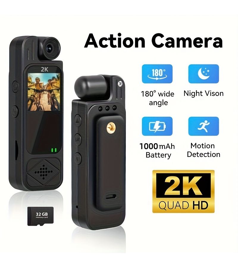 Wearable Portable Body Camera 2K Full HD Recording Compact Camcorder Infrared Night Vision Motion Detection 180 Degree Lens Adjustment 32GB Card Y9-CAM - Image 4
